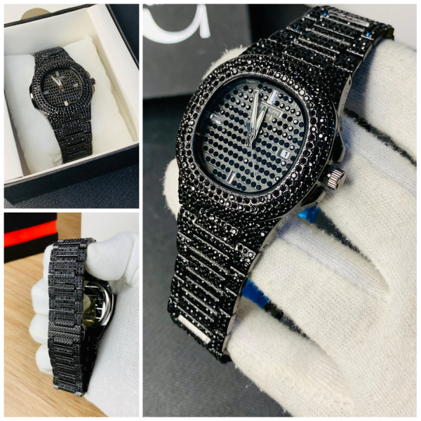 black iced stone stainless steel watch